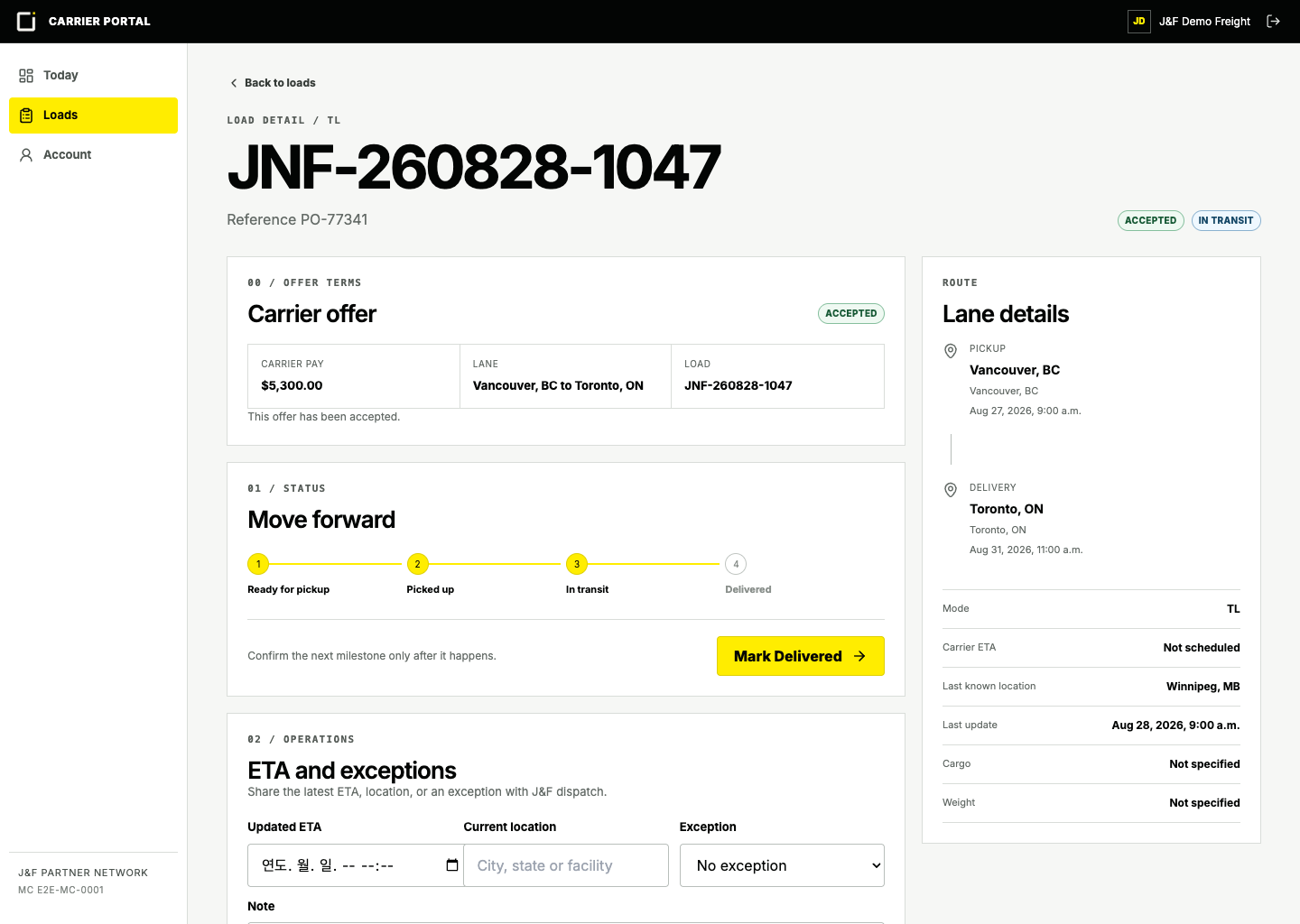 Synthetic carrier load detail showing accepted offer terms, shipment milestones, route, and exception entry